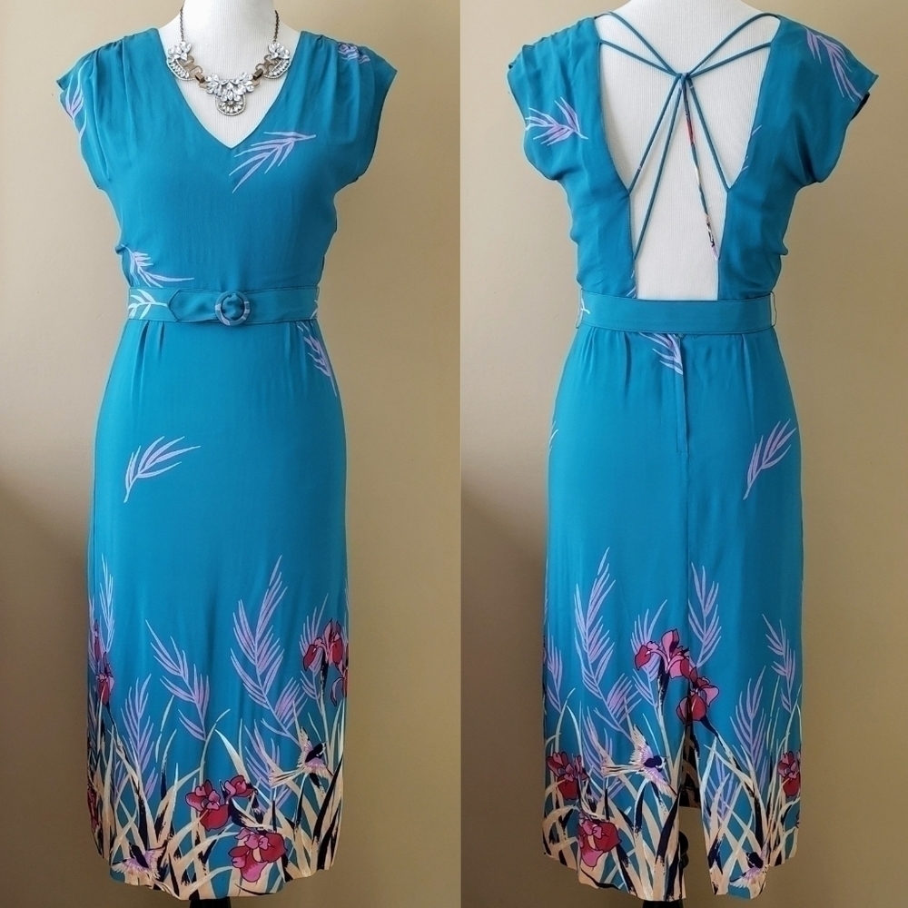 Vintage Turquoise Bird Iris Strapy Back Sheath Midi Dress Cap Sleeve Size Small